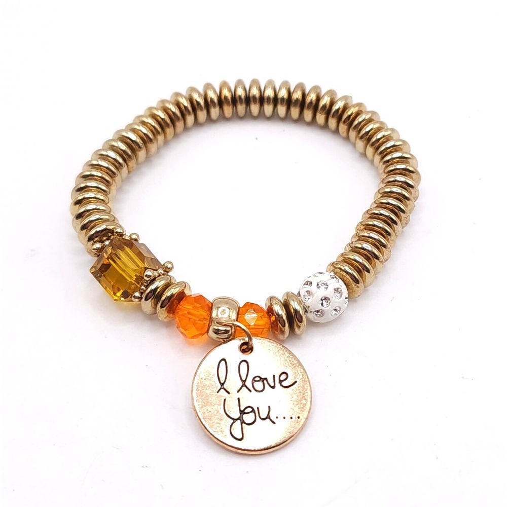 I Love You Charm Bracelet Gold Orange Beaded Stretch